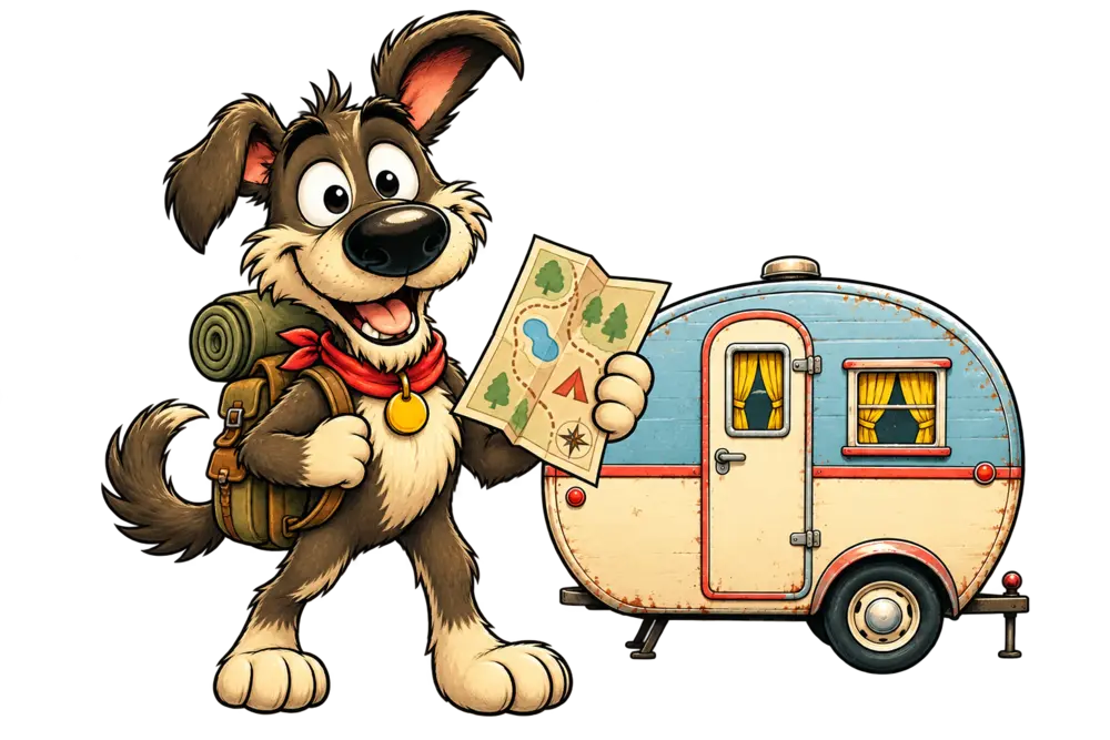 Campingplatz-Lumpi mit Karte und altem Wohnwagen