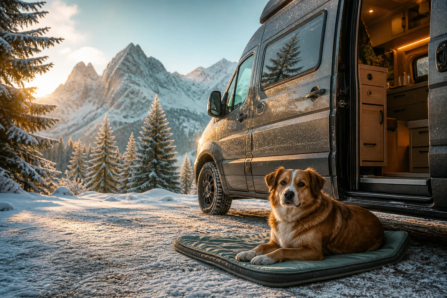 Hund beim Wintercamping mit Wohnmobil vor verschneiten Bergen im Berchtesgadener Land