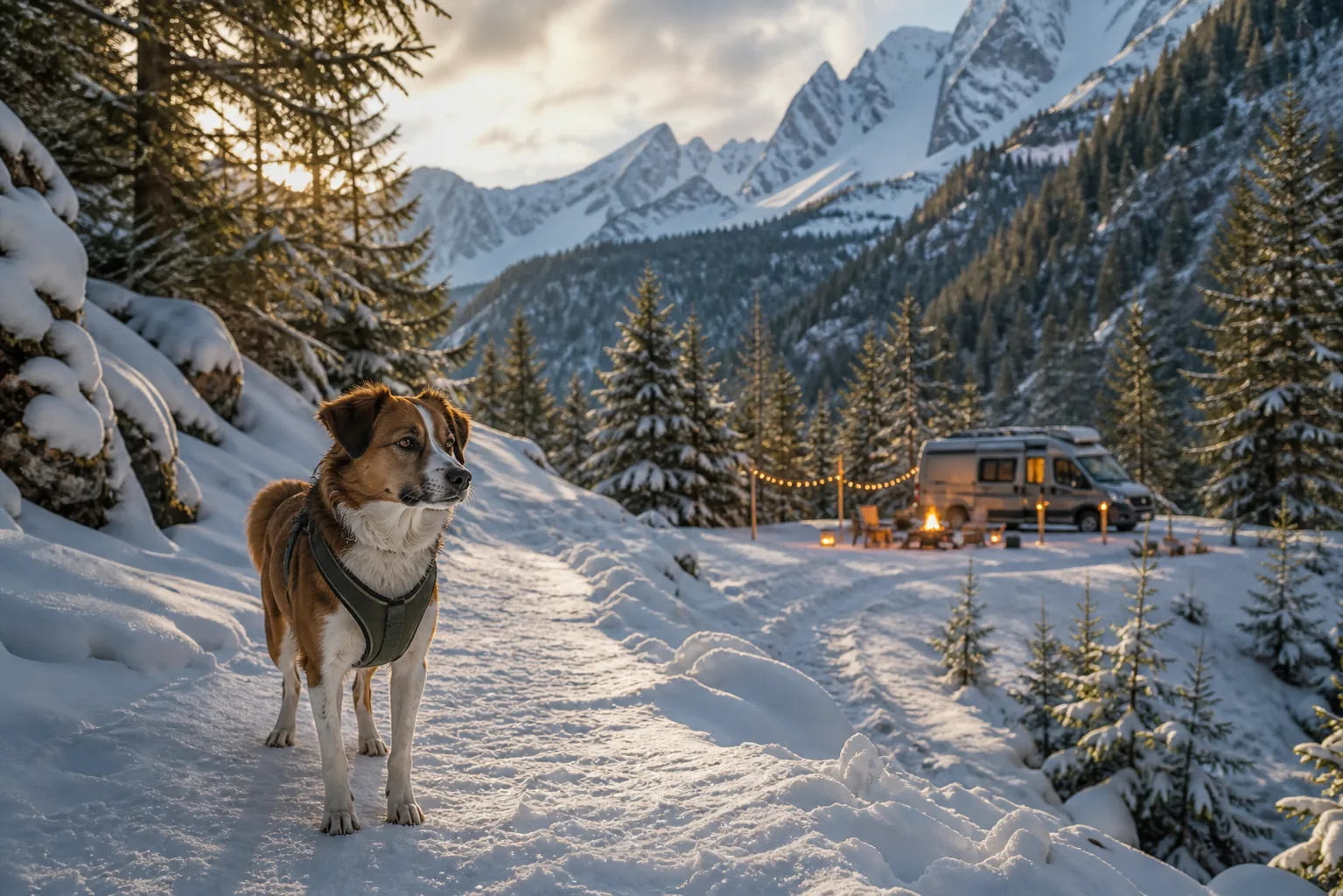 Hund auf einem verschneiten Wanderweg nahe einem Wintercampingplatz.