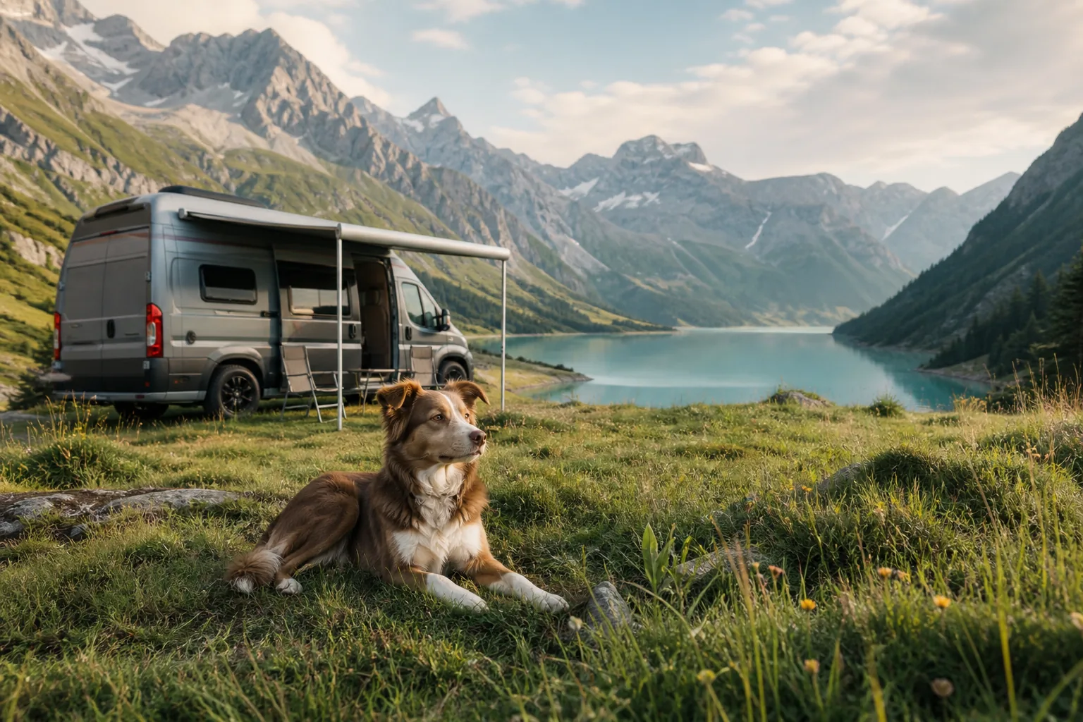 Hund und Wohnmobil an einem Bergsee im Berner Oberland