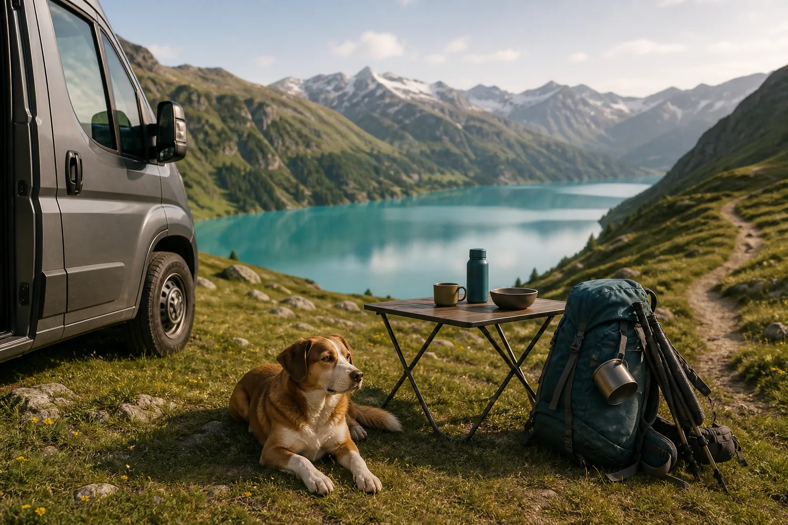 Hund mit Camping- und Wanderausrüstung an einem Bergsee im Berner Oberland.