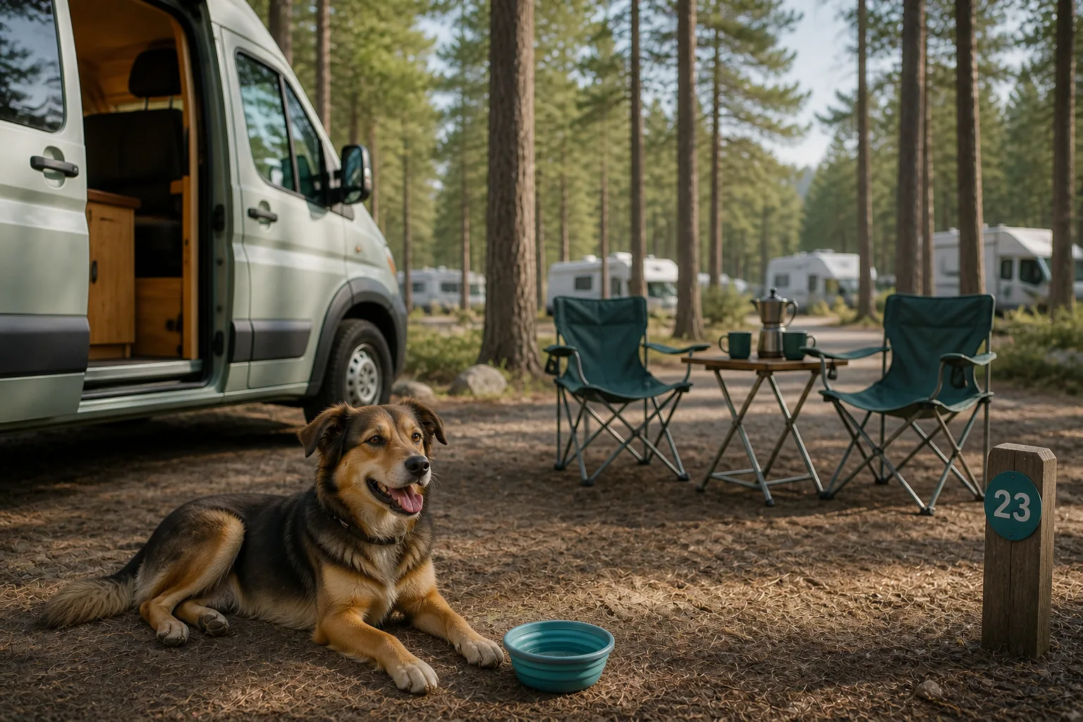 Hund auf einem Stellplatz neben einem Wohnmobil