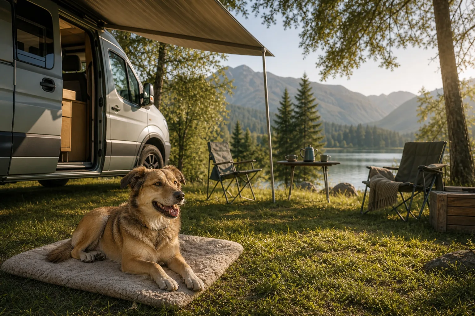 Hund vor einem Wohnmobil auf einem Campingplatz am Bergsee