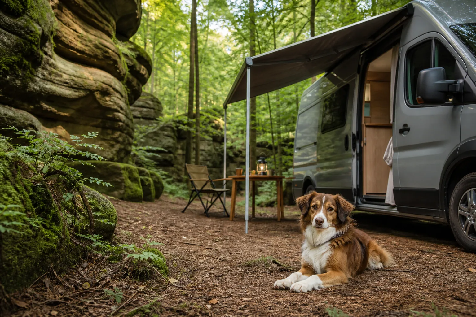 Hund und Wohnmobil auf einem Waldcampingplatz im Müllerthal in Luxemburg