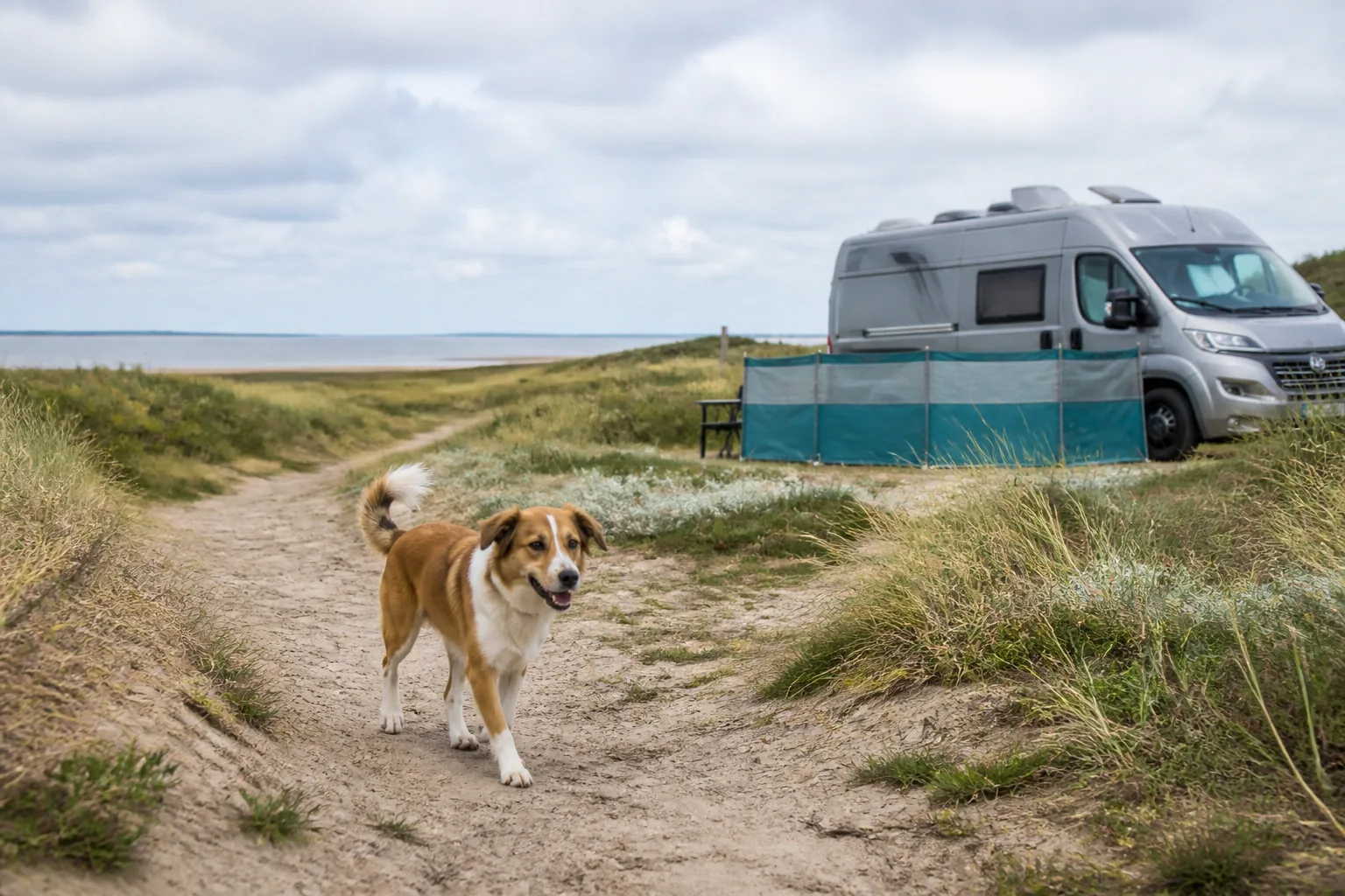Hund auf einem Dünenweg neben einem Wohnmobil an der Nordsee.