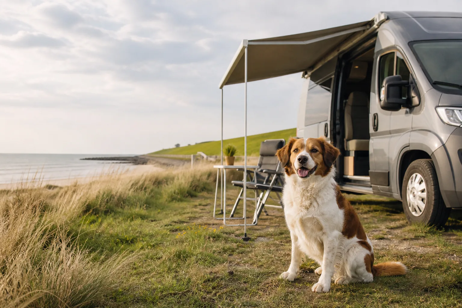 Hund und Wohnmobil auf einem Campingplatz an der Nordseeküste