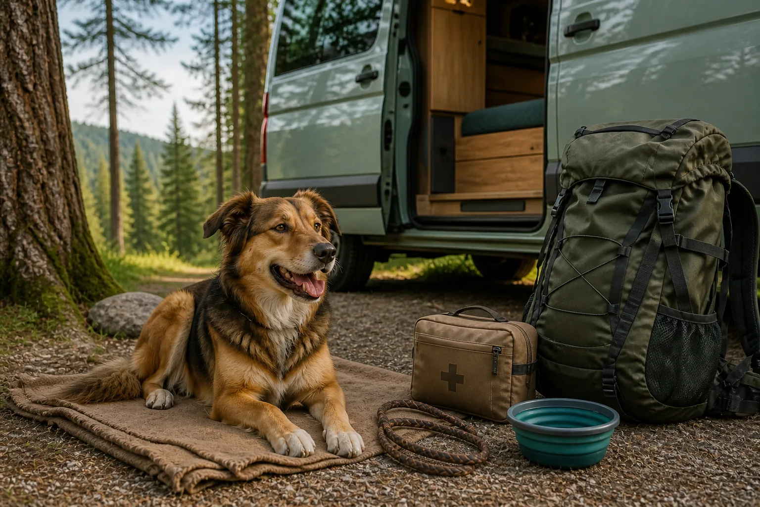 Hund mit Campingausrüstung neben einem Wohnmobil