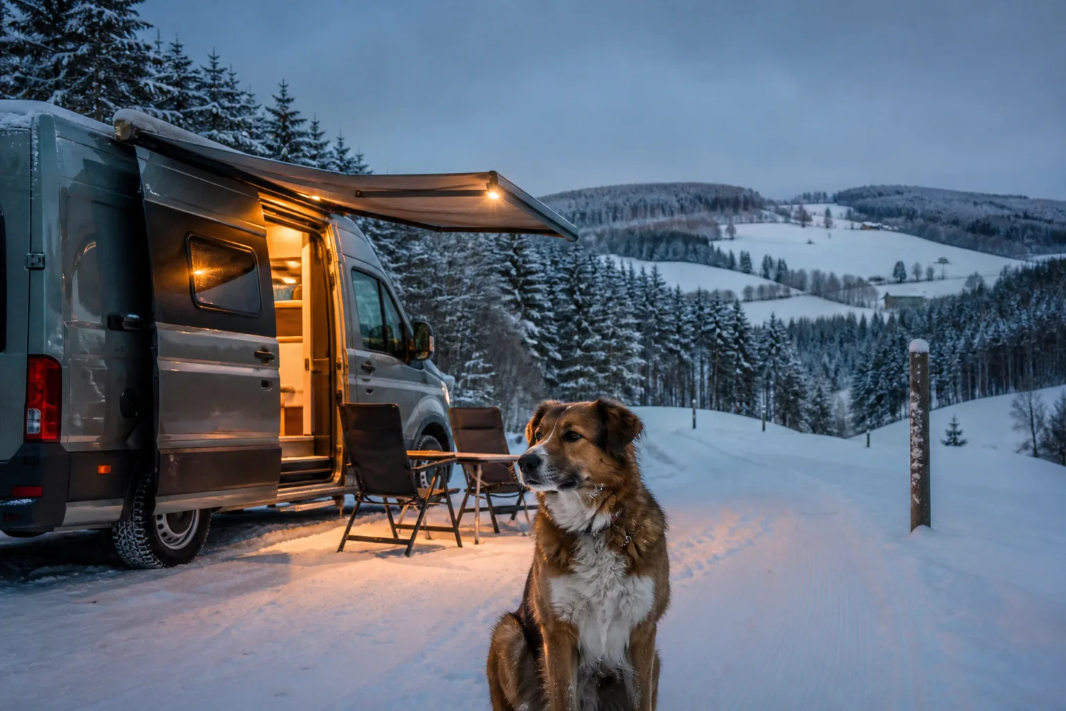 Hund neben einem Wohnmobil beim Wintercamping