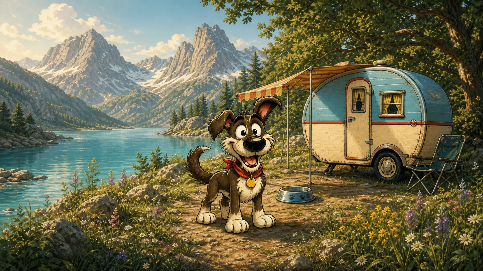 Lumpi beim Sommercamping an einem Bergsee mit Alpen und kleinem Wohnwagen