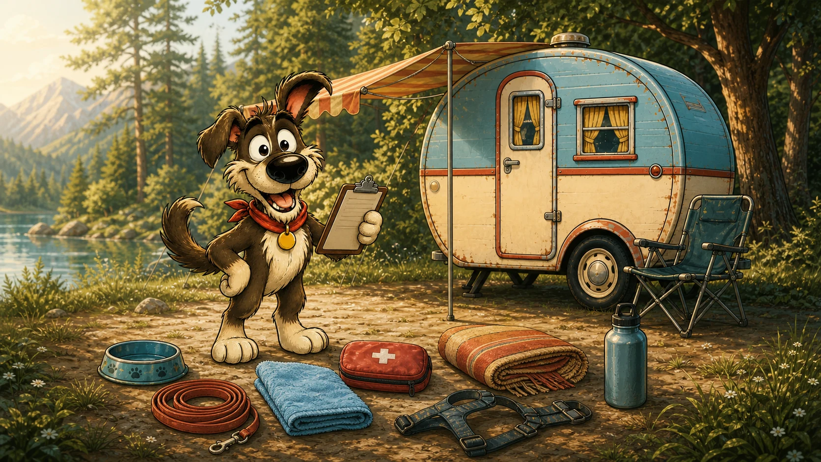 Lumpi kontrolliert Campingausrüstung für Hunde vor dem kleinen Wohnwagen