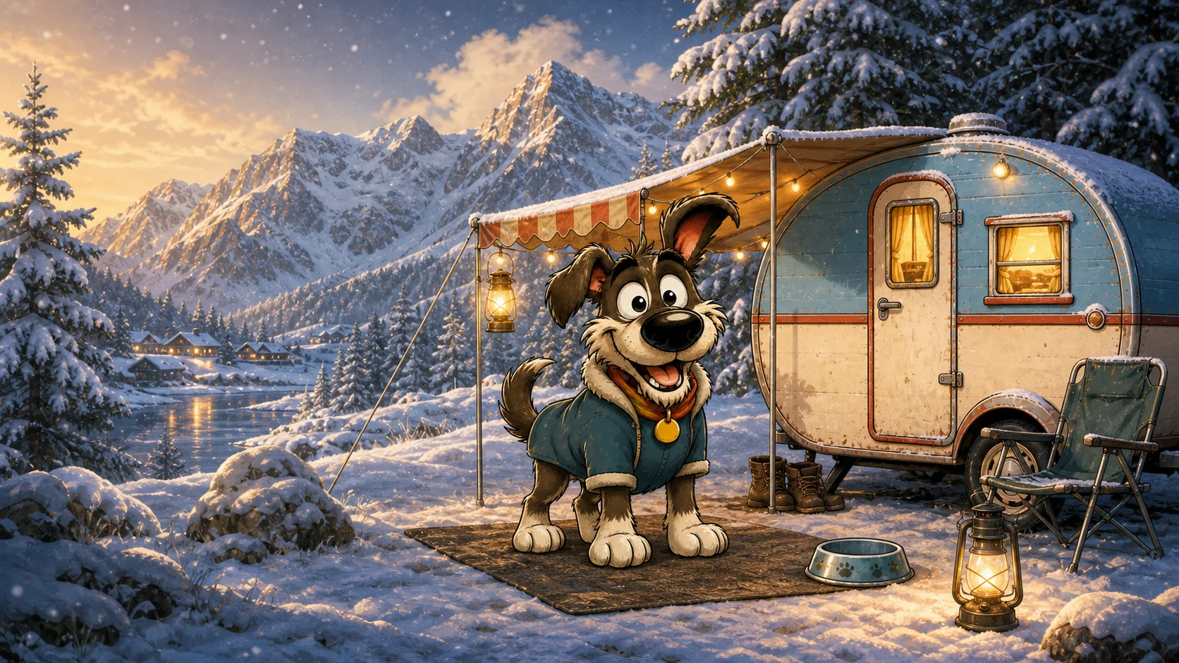 Lumpi beim Wintercamping im Schnee vor dem warm beleuchteten kleinen Wohnwagen